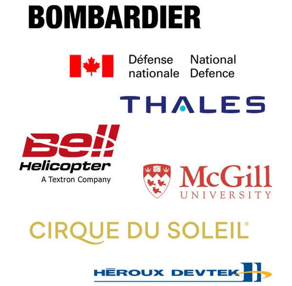 Picture of different logos of companies that trust Voxel Factory such as Bombardier, National Defense, Thales, Bell Helicopter, McGill University, Heroux Devtek, Cirque du Soleil
